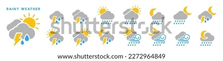 Rain weather icon set. Rain weather forecast in the day and night icons. Weather forecast icon set in color. Thunderstorm, clouds, thunderbolt, lightning, wind, tornado, sun, moon, vector illustration