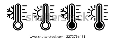 Temperature icon set. Temperature scale icon symbol. Weather sign. Thermometer icons. Warm and cold air temperature symbol in line and flat style for apps and websites, vector illustration