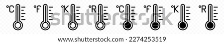 Temperature icon set. Temperature scale icon symbol. Weather sign. Thermometer icons. Warm and cold air temperature symbol in line and flat style for apps and websites, vector illustration
