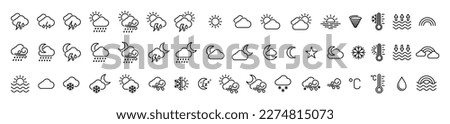 Weather icons. Weather forecast icon set. All seasons weather icon. Weather, rain, snowflakes, thunderstorm, sunny, cloudy, wind, daylight, night, temperature, rainbow, sun, moon. Vector illustration