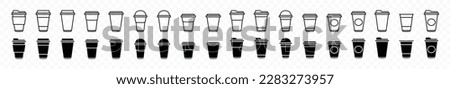Coffee cup icons vector set in line and flat style. Disposable coffee cup. Coffee paper cup, plastic container for hot and cold drink, juice, tea, cocoa and other. Vector illustration