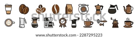 Coffee icons vector set. Coffee icon collection with colors style. Coffee bean, drinks, cup, coffeepot, package, grinder, filter, machine, certified, portafilter, and other. Symbol illustration
