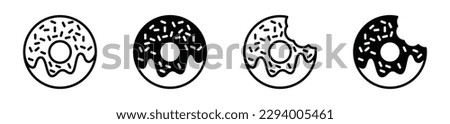 Donuts icon vector. Donut icons in line and flat style. Bitten donut, bakery, desserts, sweet donut with sprinkles sign and symbol. Bakery sign and symbol. Vector illustration