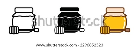 Honey jar and honey spoon dipper icon vector set. Jars and scoops of honey icon symbol in line, flat, and color style. Vector illustration