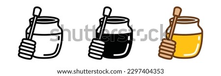 Honey jar and honey spoon dipper icon vector set. Jars and scoops of honey icon symbol in line, flat, and color style. Vector illustration