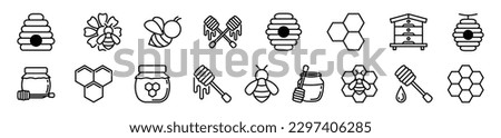 Honey and beekeeping thin line icons vector set with editable stroke. Bee, beehive, honeycomb, honey, jars, hive, spoons, flowers icons collection on white background. Vector illustration
