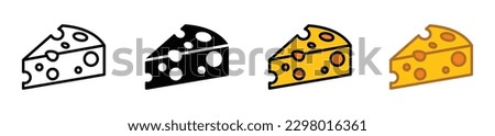 Cheese icons vector set in line, flat, and color style. Mozzarella, yogurt, ricotta, cream cheese, parmesan, cheddar, brie, emmenthal, gouda symbol. Vector illustration