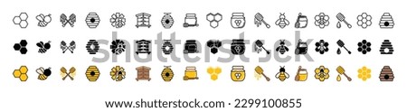 Honey and beekeeping line, flat, and color icons vector set with editable stroke. Bee, beehive, honeycomb, honey, hive, jar, spoons, flower icons collection on white background. Vector illustration