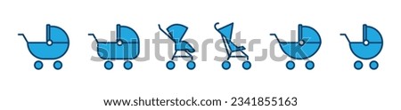 Baby stroller icons vector set. Children and baby carriage icon collection in color style on white background with editable stroke for apps and websites. Vector illustration