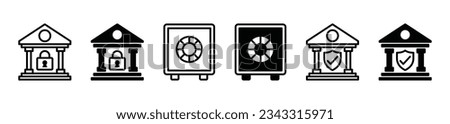 Bank safe and safe vault icons set in line and flat style. Secure boxes, safe box, money protection, bank with shield and padlock symbol on white background. Vector illustration