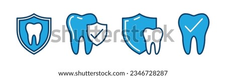 Dental insurance icon set. Tooth with shield and check mark symbol. Vector illustration 