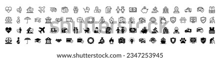 Insurance icons set in thin line and flat style. Insurance icon collection with editable stroke. Home, health, family, document, money, agreement, business, safety, property, accident and other.
