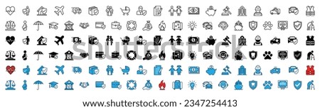 Insurance icons set in thin line, flat, colors style. Insurance icon collection with editable stroke. Home, health, family, document, money, agreement, business, safety, property, accident and other.