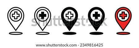 Hospital map pin location icons. Map pin location with red cross icon symbol in line and flat style for apps and websites. GPS, markers on white background. Vector illustration