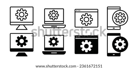 Optimization icon. Gear on devices. Sync process, option, control panel, settings icon symbol in line and flat style. Vector illustration