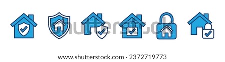 Home insurance icons. House or home protection icon symbol. Safety, security, secure house. Shield, padlock, check mark, real estate, lock icon symbol. Vector illustration