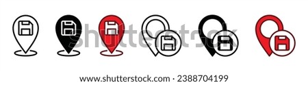 Saved place icon set. Map pin location with floppy disk icon symbol. Editable stroke. Vector illustration