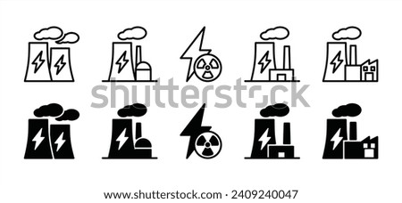 Nuclear power plant icons. Nuclear reactor industrial plant steam chimney sign and symbol. Vector illustration