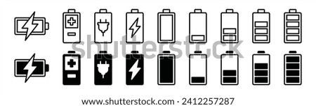 Battery icon set. Battery charge level icons. Battery Charging indicator in thin line and flat icon collection. Vector illustration