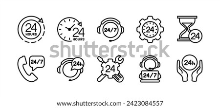 24 hours thin line icon set. Customer service and support 24 hours a week icons. Containing assistance, help, operator, call center and technical support. Vector illustration