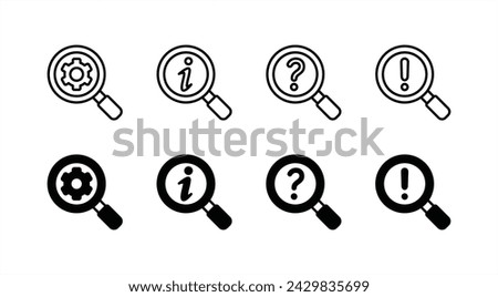 Searching icon set for settings, information, question and answer. Magnifier with gear service, support sign containing exclamation, query, and info help assistance. Vector illustration