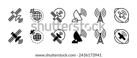 Wireless satellite technology icon set. Containing telecom, antenna or signal receiving tower, satellite dish, space satellite for telecommunication. Vector illustration