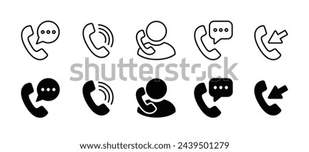 Phone call icon set. Containing ringing phone, answer, voice message or voicemail, telephone incoming call, contact us. Vector illustration