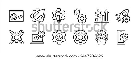 Business and development technology thin line icon set. Containing progress, coding, programming, process, build, release, startup, maintenance, idea, gear settings. Vector illustration