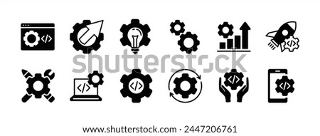 Business and development technology icon set. Containing progress, coding, programming, process, build, release, startup, maintenance, idea, gear settings. Vector illustration