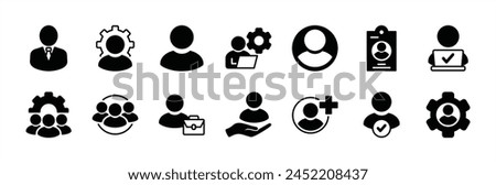 Employee icon set. Containing people, user, Id card, working, group, recruitment, organization management, team, human resource, leader, agent, partnership, job, community, staff. Vector illustration