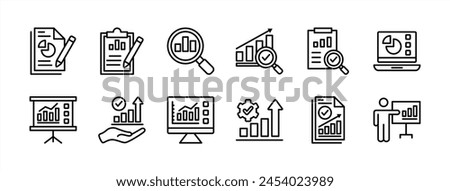 Analysis data report thin line icon set. Containing financial profit graph on the clipboard, device, whiteboard. Review results documents. Statistical science data information. Vector illustration