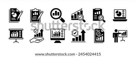 Analysis data report icon set. Containing financial profit graph on the clipboard, device, whiteboard. Review results documents. Statistical science data information. Vector illustration