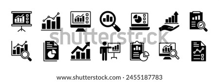 Data analytics icon set. Statistical science data information. Containing financial profit graph, database, statistics, chart, presentation, performance. Review results documents. Vector illustration