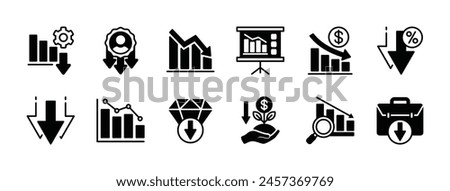 Business data decline icon set. Containing decrease performance, chart, grow, graph, statistic, career, bars, loss or down arrow, rate, declining, infographic. Vector illustration