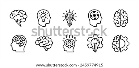 Brainstorm icon set. Containing creativity, thinking, brain, idea, creative, light bulb, mind, intelligence, imagination, plan, solution, innovation, inspiration, smart, genius, education, science