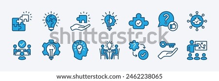 Set of business solutions icon. Containing problem-solving, innovation, creativity, thinking, discussion, teamwork, strategy, idea, lightbulb, puzzle, process, answer, option. Vector illustration