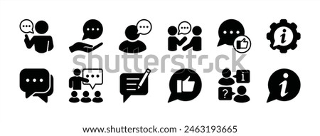 Speaking and communication icon set. Containing advice, discussion, speech bubble, conversation, talking, question and answer, opinion, message, feedback, information. Vector illustration