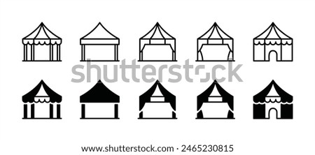 Event tent thin line icon set. Containing tent of festival, circus, party, sales, and carnival. Awning, marquee, and pavilion vector illustration