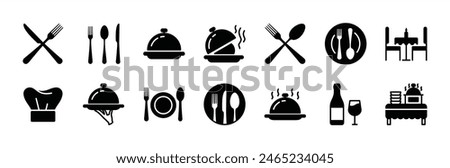 Catering icon set. Containing fork, spoon, knife, plate, cloche, tray, chef hat, beverage, food, dining table, and waiter. Cutlery or tableware in restaurant, kitchen. Vector illustration