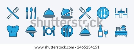 Set of catering icon. Containing fork, spoon, knife, plate, cloche, tray, chef hat, beverage, food, dining table, and waiter. Cutlery or tableware in restaurant, kitchen. Vector illustration