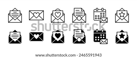 Invitation letter thin line icon set. Invite email for event, wedding, party, festival, celebration. Containing love letter, envelope, schedule, message, electronic mail. Vector illustration