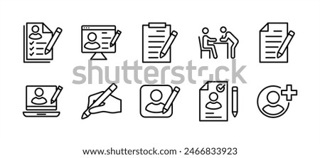 Registration thin line icon set. Containing added identity document data, receptionist, register online, sign up, create or edit or write information or form with pencil on paper. Vector illustration