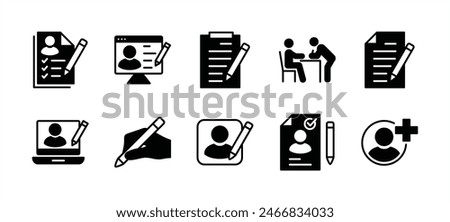 Registration icon set. Containing added identity document data, receptionist, register online, sign up, create or edit or write information or form with pencil on paper. Vector illustration