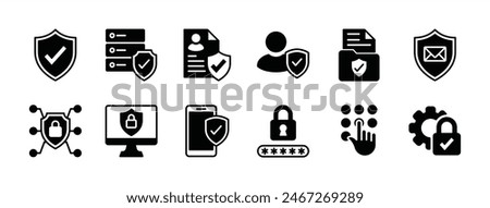 Privacy policy icon set. Containing safety, security, protection, access, protect, secure of data, document, file, information, network system, communication. Vector illustration