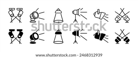 Spotlight thin line icon set. Containing light, lamp, projector, flashlight, searchlight, and floodlight for decoration of stage, studio, theatre, scene, banner. Vector illustration