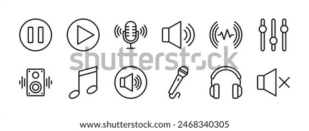 Audio button thin line icon set. Containing music, sound, speaker volume, play, video, pause, equalizer, loudspeaker, mute, microphone, headset. Vector illustration