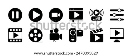 Video player icon set. Containing play or start button, pause or stop, media, camera, live, cinema, multimedia, film, handycam, clapperboard, movie, streaming or online video. Vector illustration