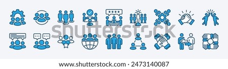 Set of business teamwork icon. Containing team, cooperation, group, people, organization, collaboration, communication, partnership, leadership, support, unity, community. Vector illustration