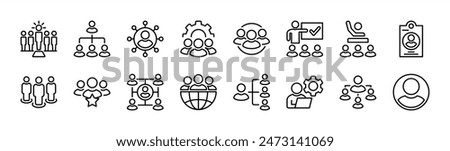 People thin line icon set. Containing group, leader, businessman, staff, human resource, teamwork, hierarchy, office management, manager, user, profile, organization, agent. Vector illustration