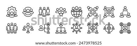 Organization thin line icon set. Containing people group, hierarchy, structure, company, leadership, teamwork, networking, business, team, collaboration, community, connection. Vector illustration
